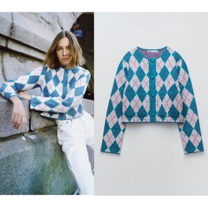 ZARA argyle knit jacquard cardigan 3597 size S